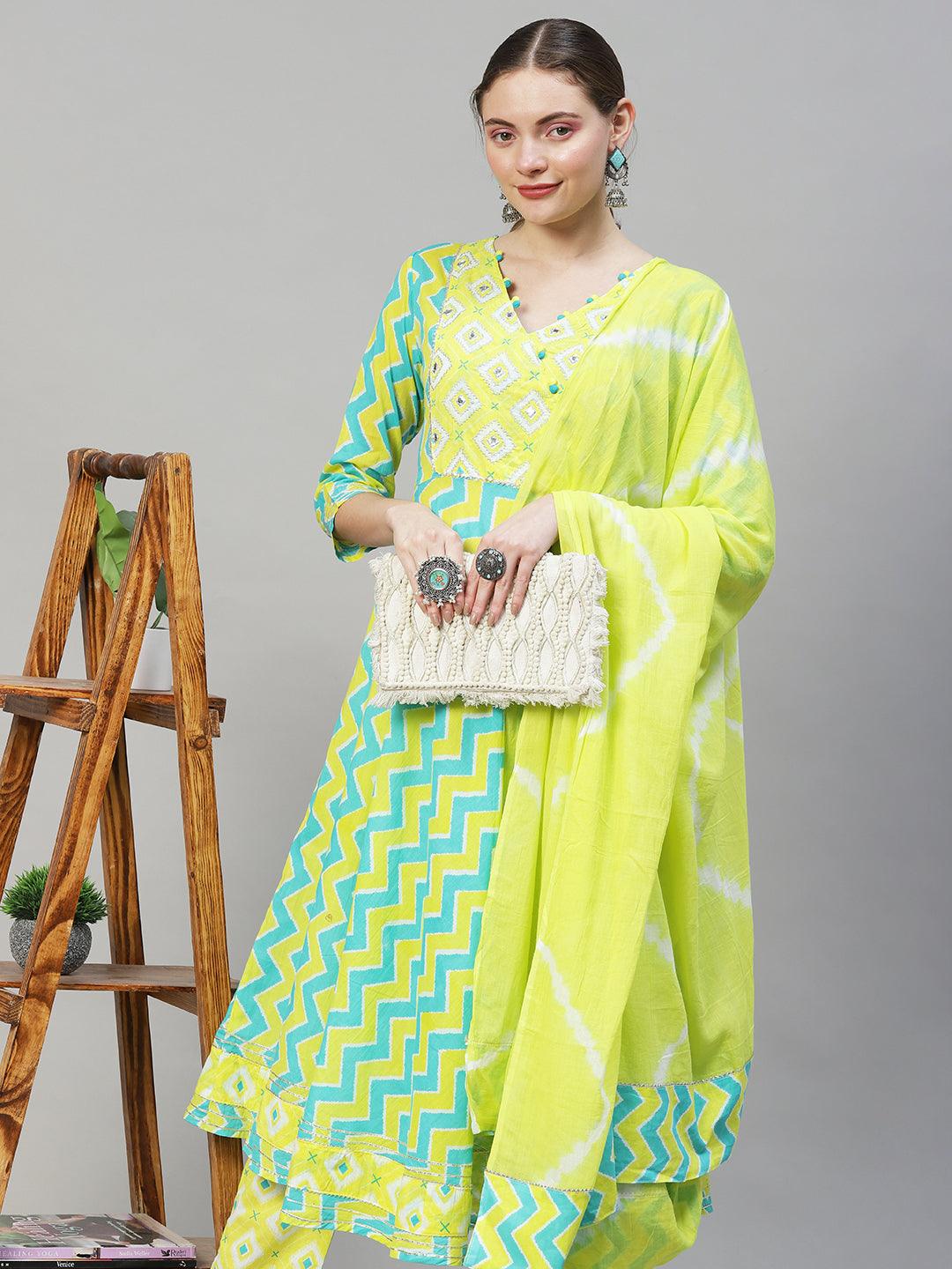 Ethnic Printed & Embroidered Flared Kurta with Pants & Dupatta - Multi - Indiakreations