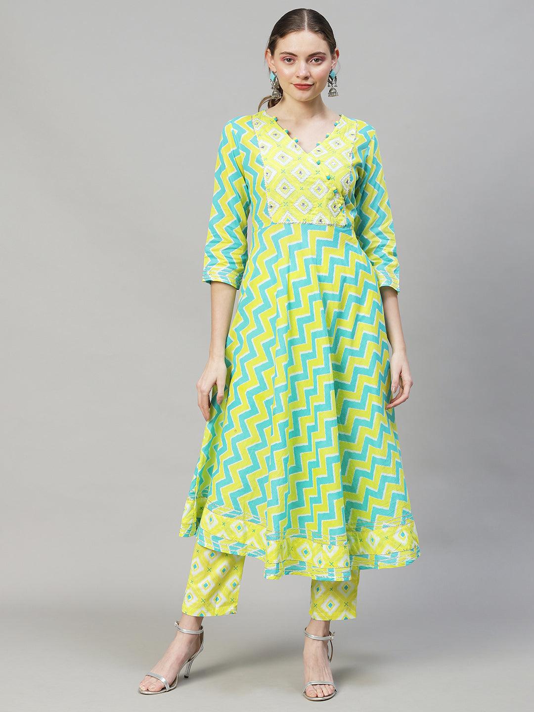 Ethnic Printed & Embroidered Flared Kurta with Pants & Dupatta - Multi - Indiakreations