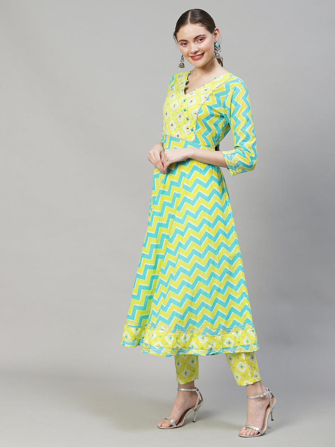 Ethnic Printed & Embroidered Flared Kurta with Pants & Dupatta - Multi - Indiakreations