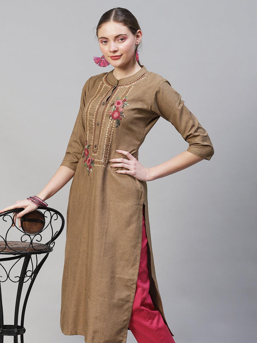 Floral Hand Embroidered Straight Fit Kurta - Brown - Indiakreations