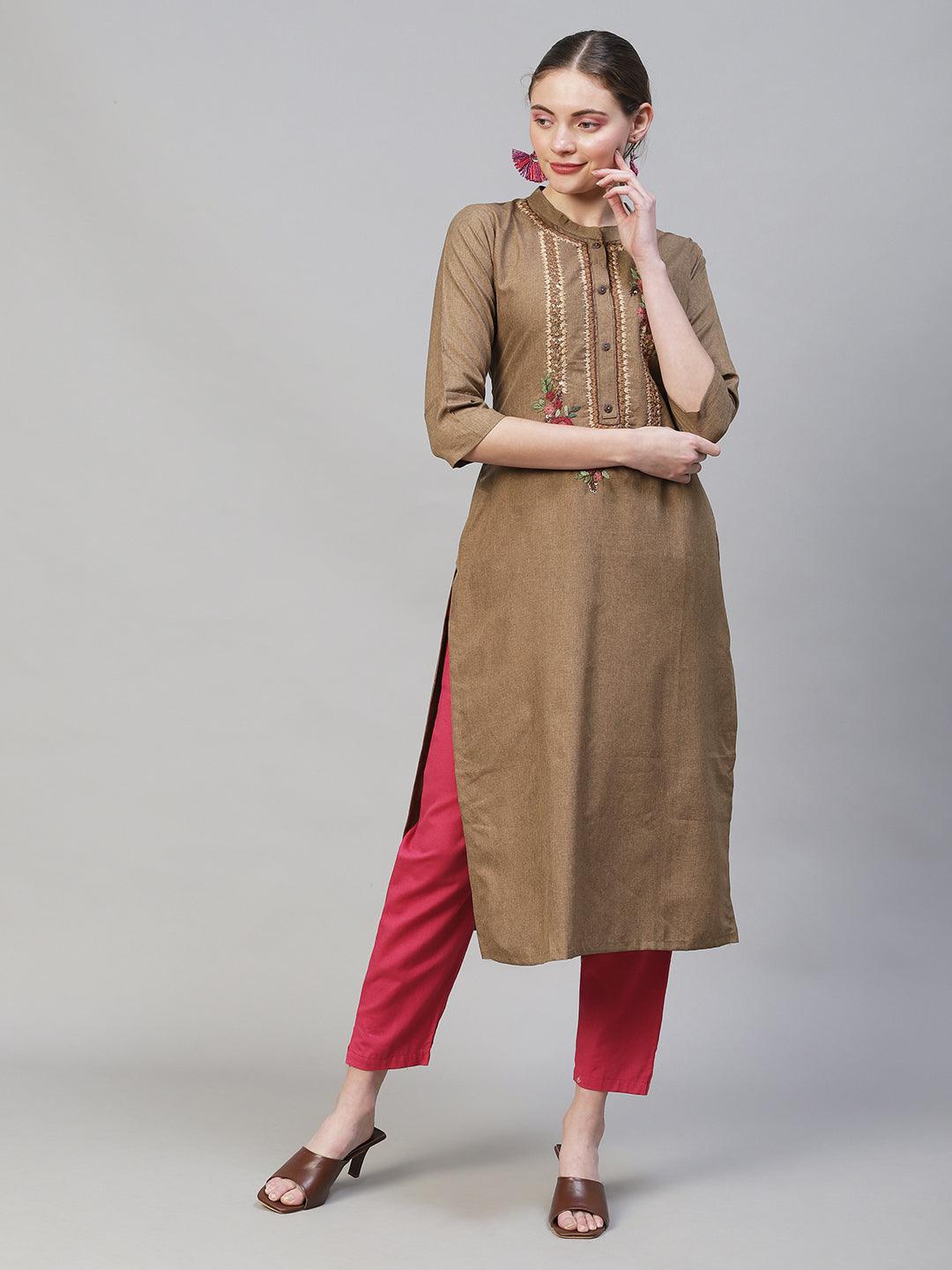 Floral Hand Embroidered Straight Fit Kurta - Brown - Indiakreations