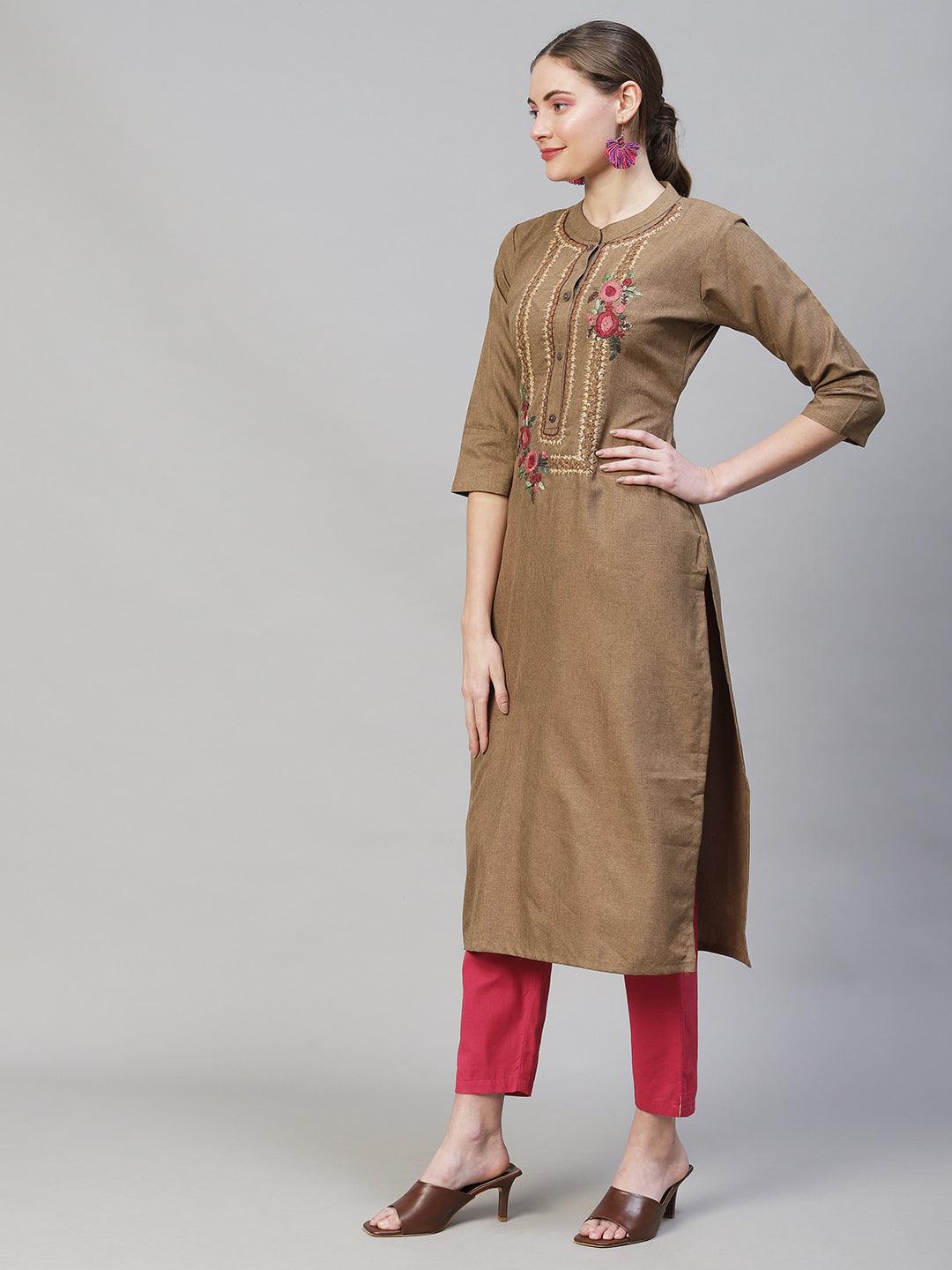 Floral Hand Embroidered Straight Fit Kurta - Brown - Indiakreations