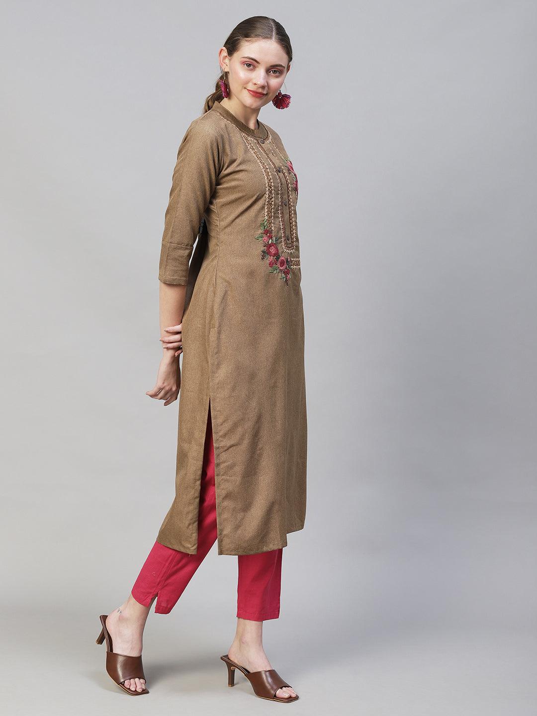 Floral Hand Embroidered Straight Fit Kurta - Brown - Indiakreations