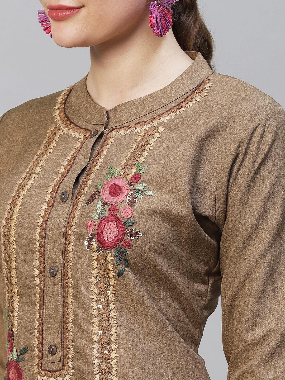 Floral Hand Embroidered Straight Fit Kurta - Brown - Indiakreations