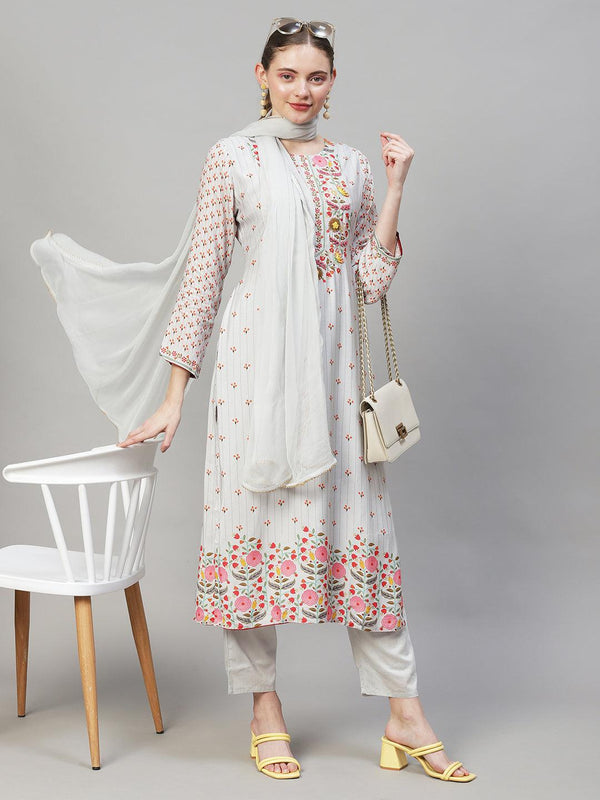 Floral Printed & Hand Embroidered Straight Kurta with Pant & Dupatta - Grey - Indiakreations