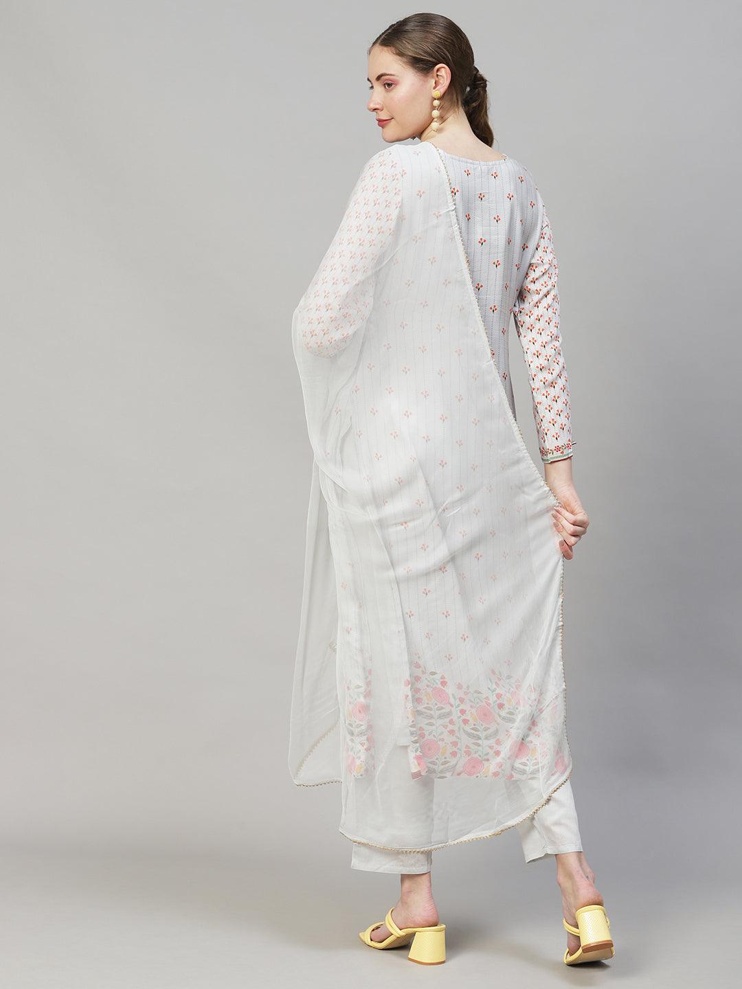 Floral Printed & Hand Embroidered Straight Kurta with Pant & Dupatta - Grey - Indiakreations