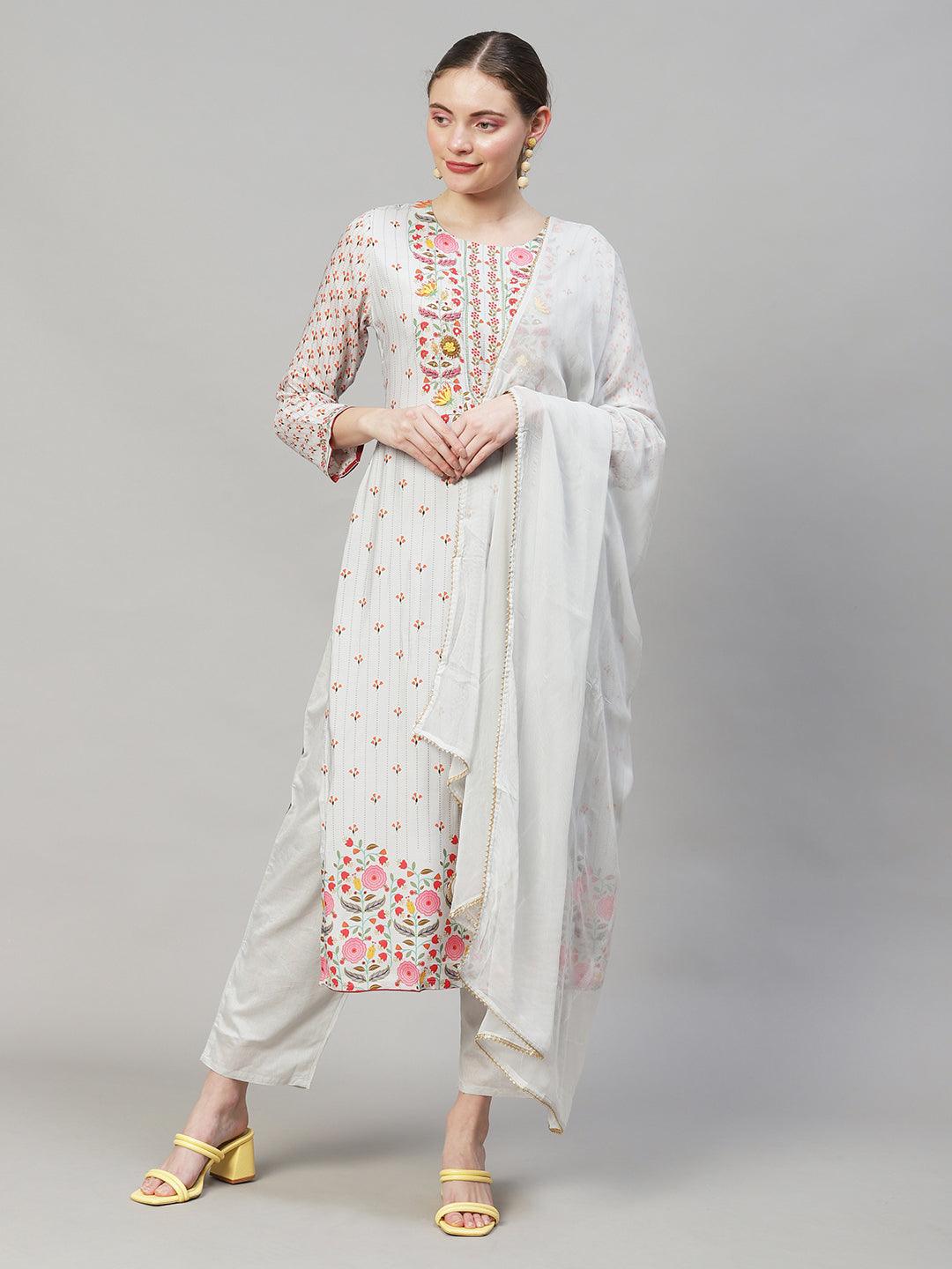 Floral Printed & Hand Embroidered Straight Kurta with Pant & Dupatta - Grey - Indiakreations