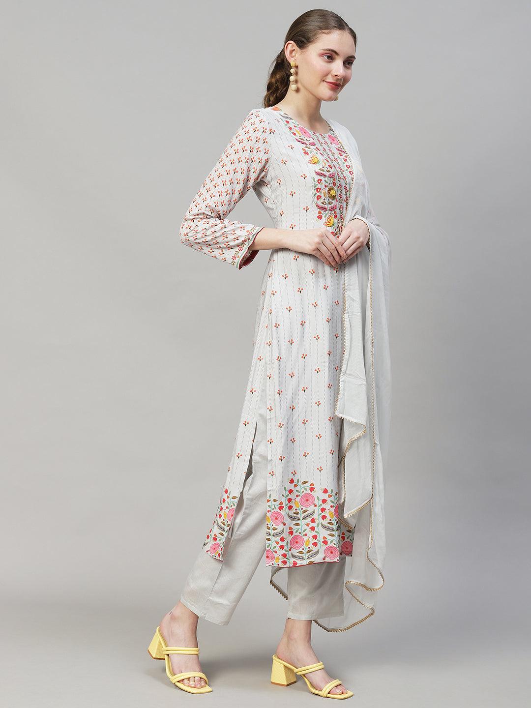 Floral Printed & Hand Embroidered Straight Kurta with Pant & Dupatta - Grey - Indiakreations