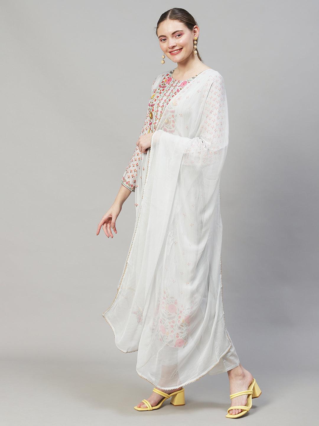 Floral Printed & Hand Embroidered Straight Kurta with Pant & Dupatta - Grey - Indiakreations