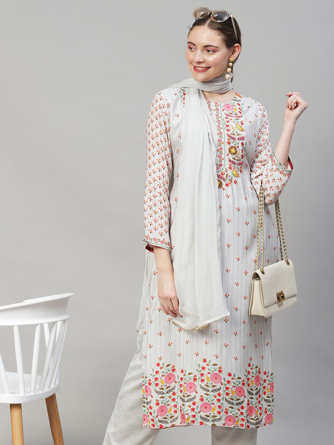 Floral Printed & Hand Embroidered Straight Kurta with Pant & Dupatta - Grey - Indiakreations