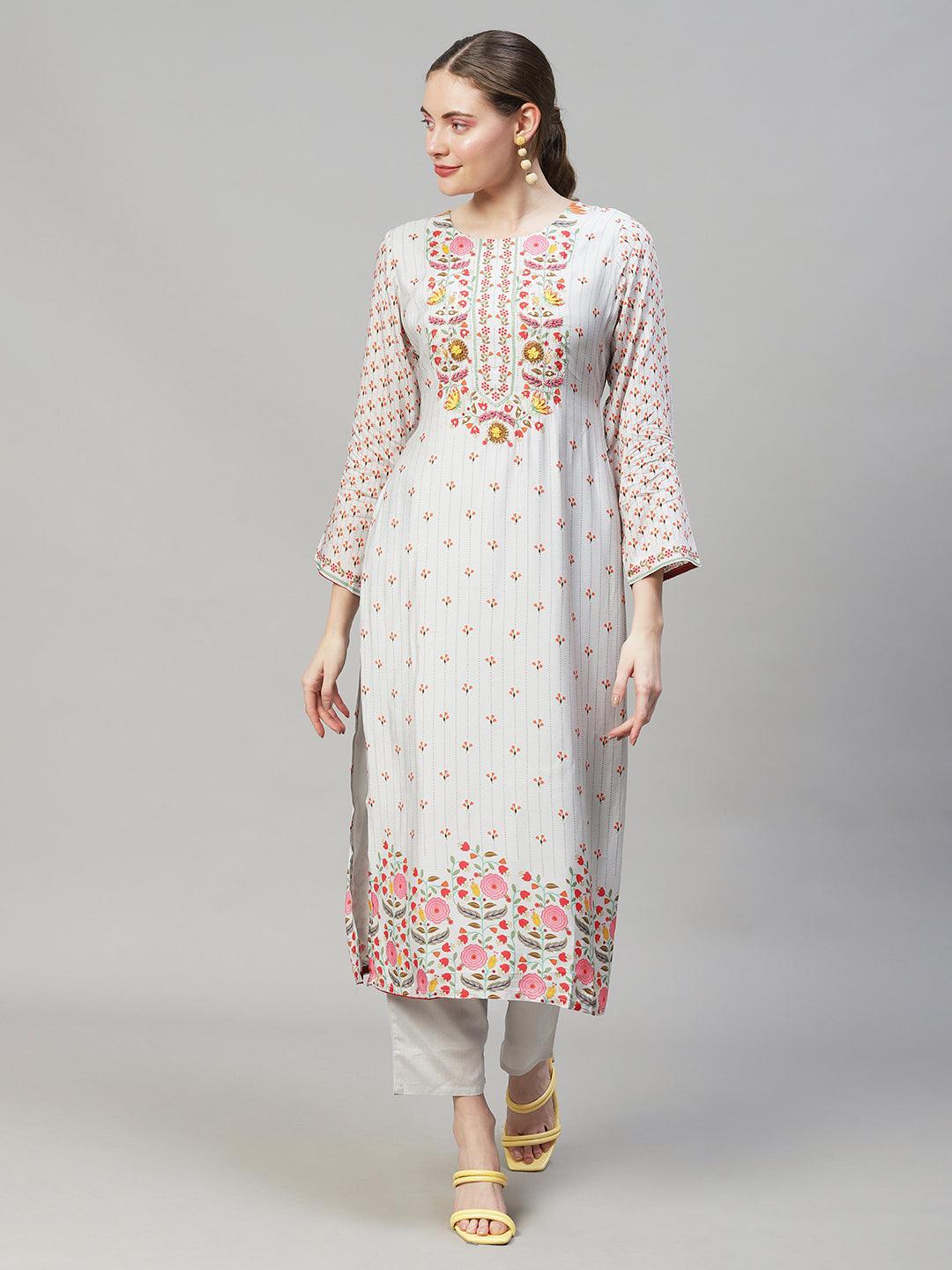 Floral Printed & Hand Embroidered Straight Kurta with Pant & Dupatta - Grey - Indiakreations