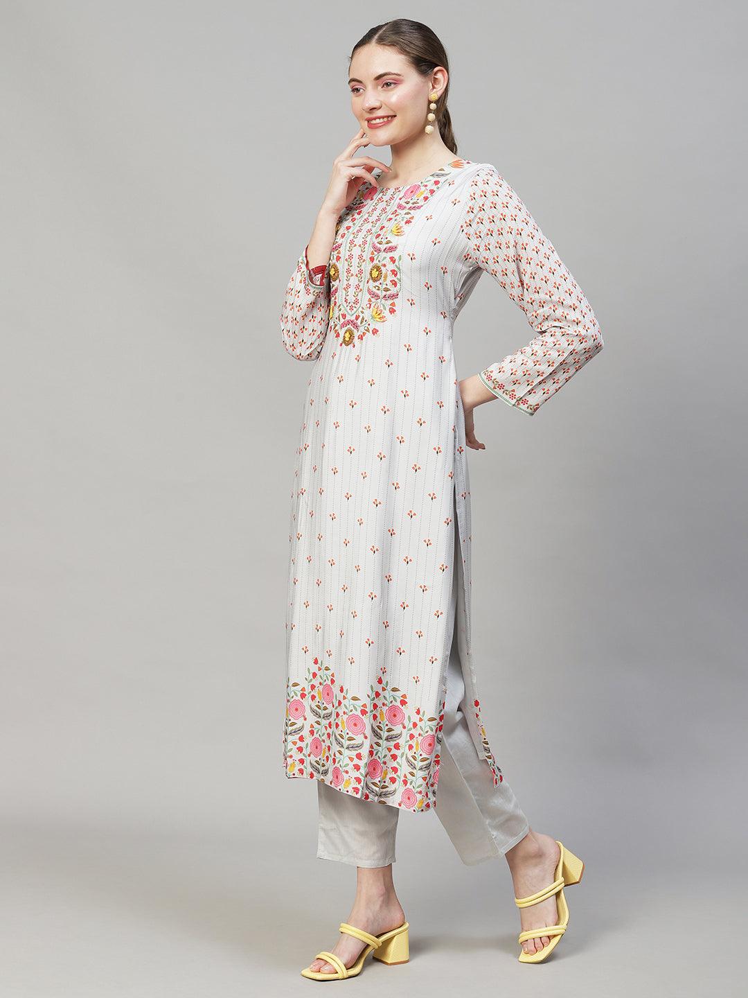 Floral Printed & Hand Embroidered Straight Kurta with Pant & Dupatta - Grey - Indiakreations