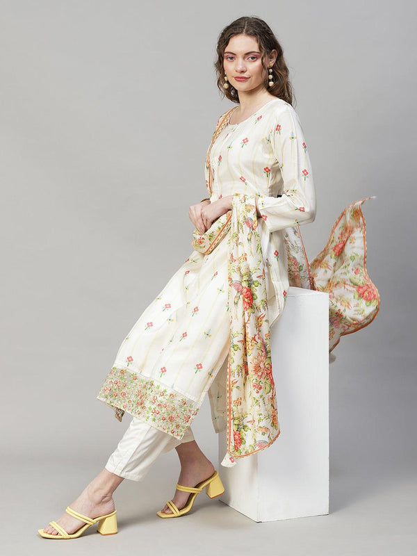 Floral Printed & Embroidered Kurta with Pants & Dupatta - Off White - Indiakreations