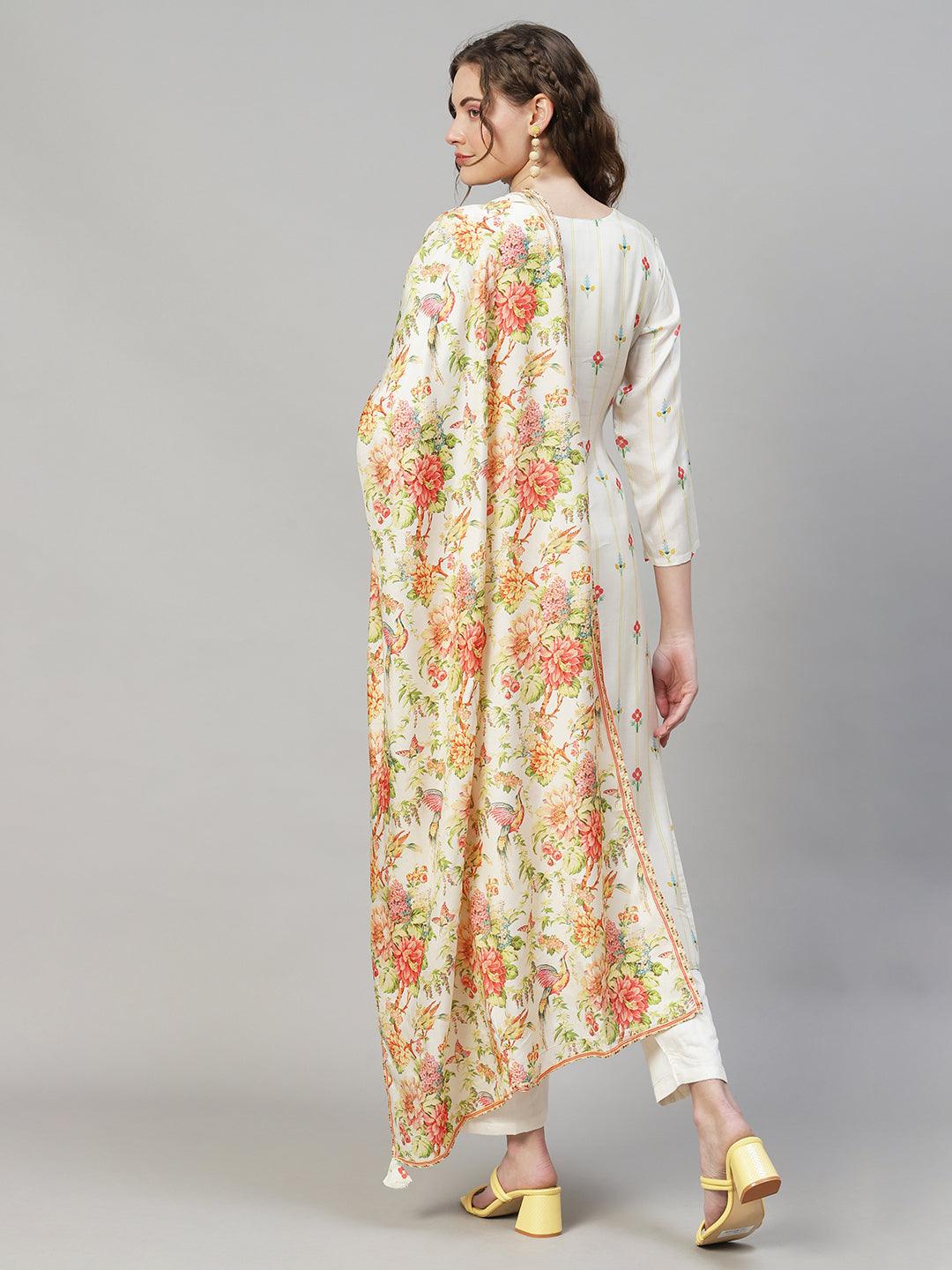 Floral Printed & Embroidered Kurta with Pants & Dupatta - Off White - Indiakreations