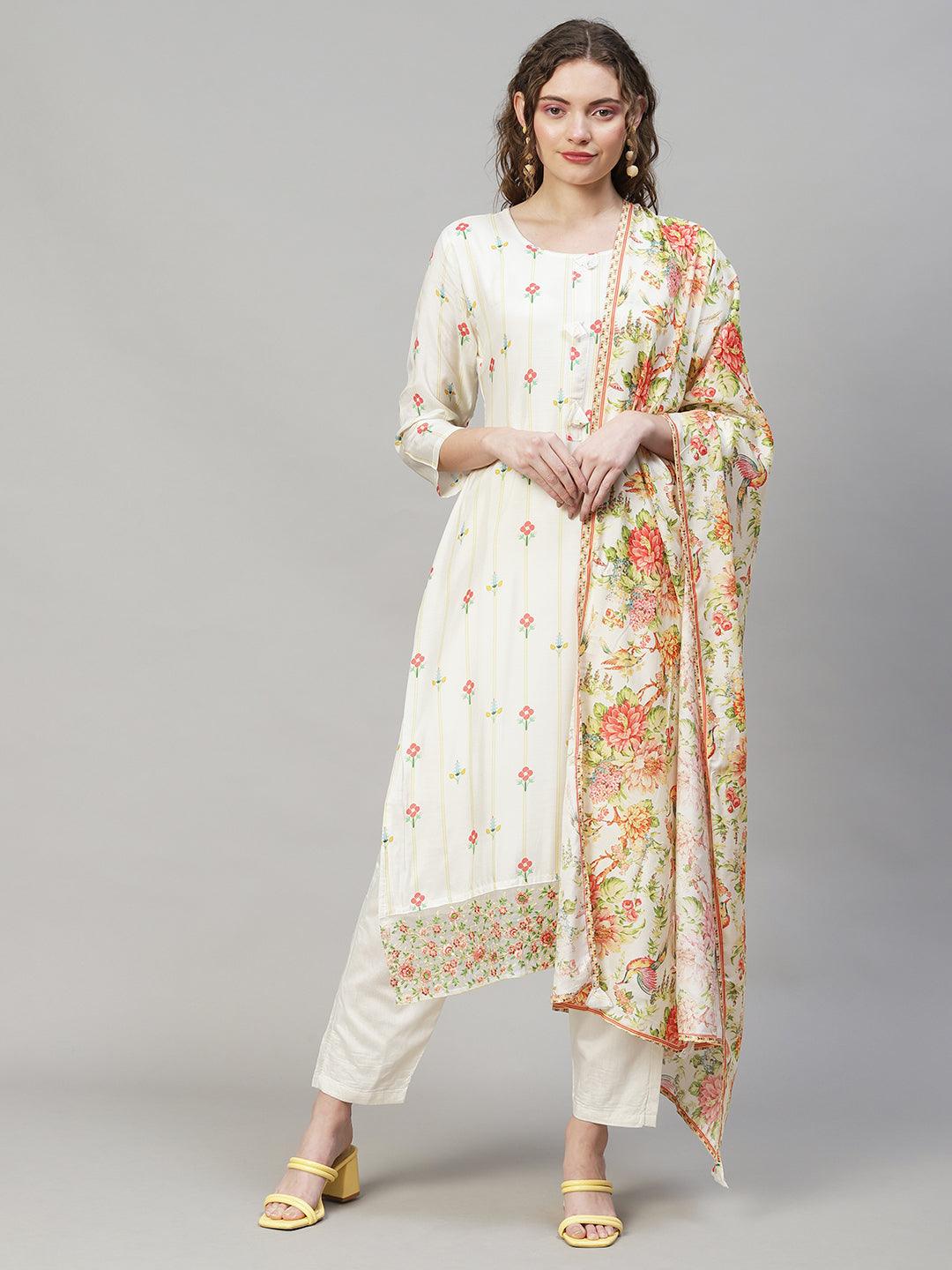 Floral Printed & Embroidered Kurta with Pants & Dupatta - Off White - Indiakreations