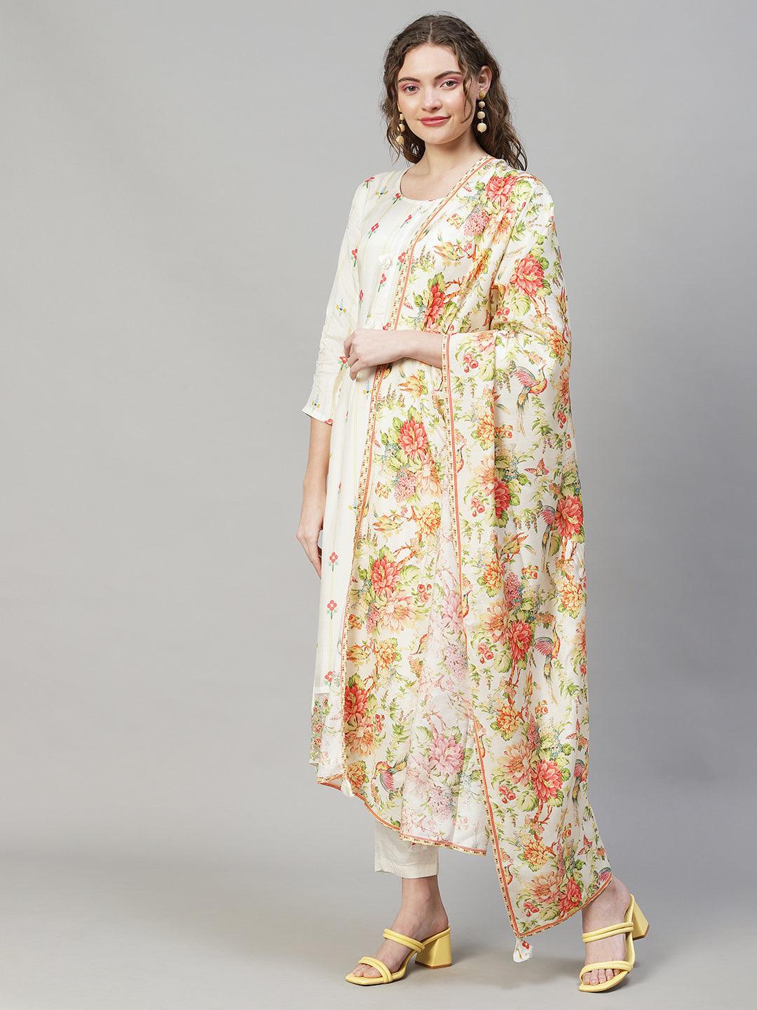 Floral Printed & Embroidered Kurta with Pants & Dupatta - Off White - Indiakreations