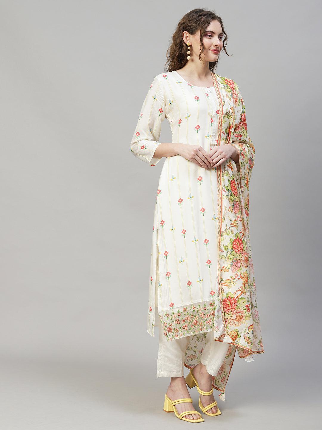 Floral Printed & Embroidered Kurta with Pants & Dupatta - Off White - Indiakreations