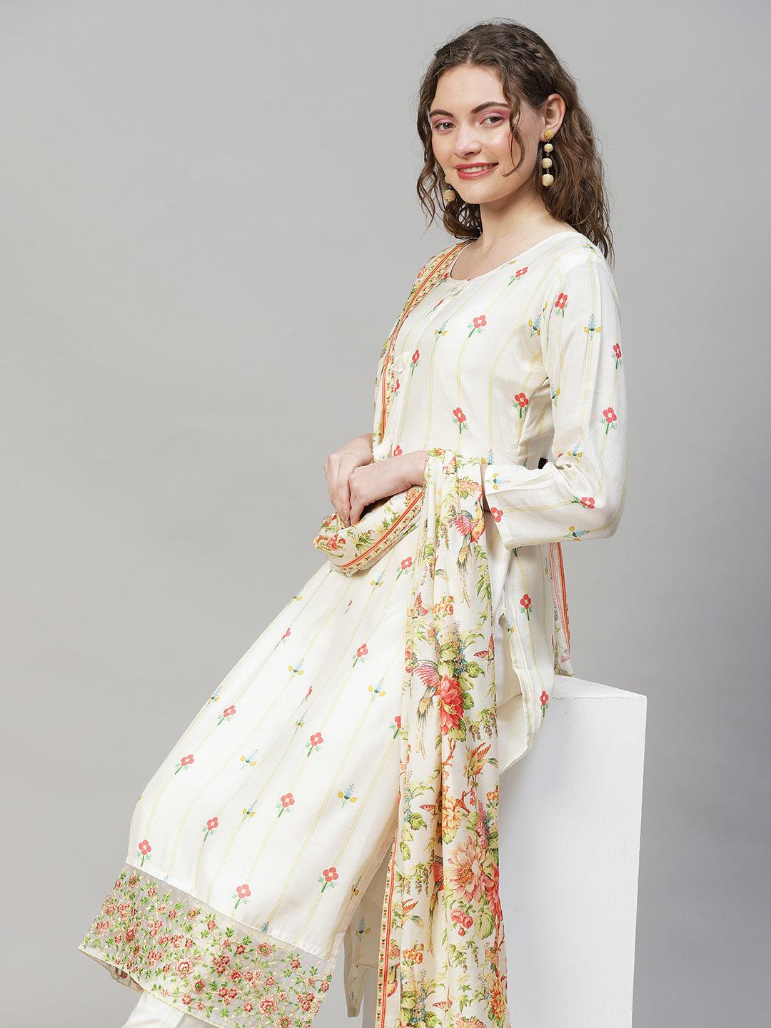 Floral Printed & Embroidered Kurta with Pants & Dupatta - Off White - Indiakreations