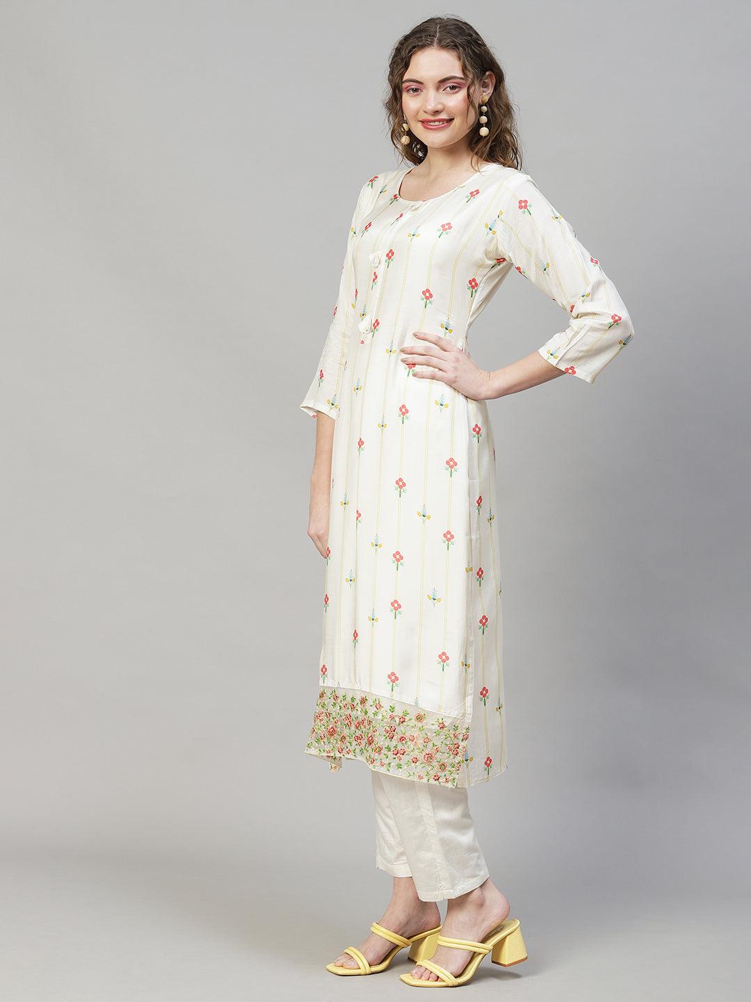 Floral Printed & Embroidered Kurta with Pants & Dupatta - Off White - Indiakreations