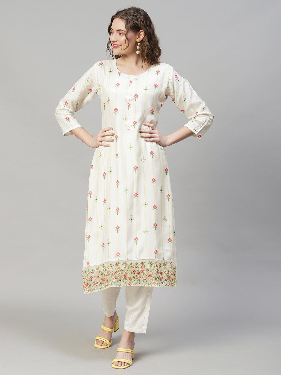 Floral Printed & Embroidered Kurta with Pants & Dupatta - Off White - Indiakreations