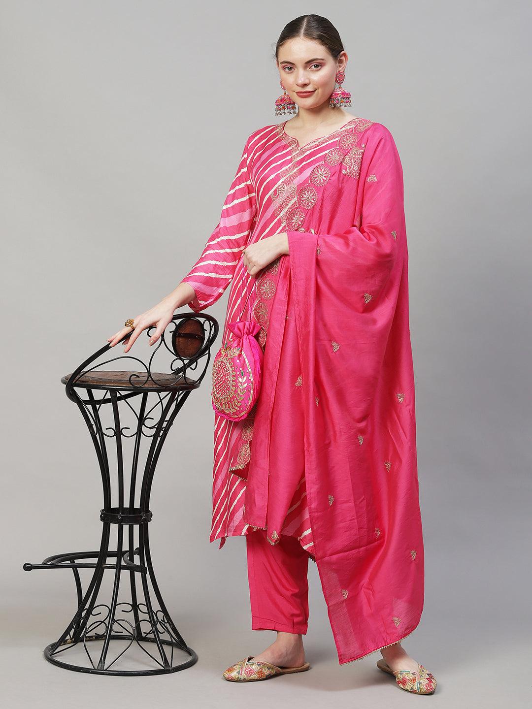 Leheriya Printed & Embroidered Straight Fit Kurta with Pants & Dupatta - Pink - Indiakreations