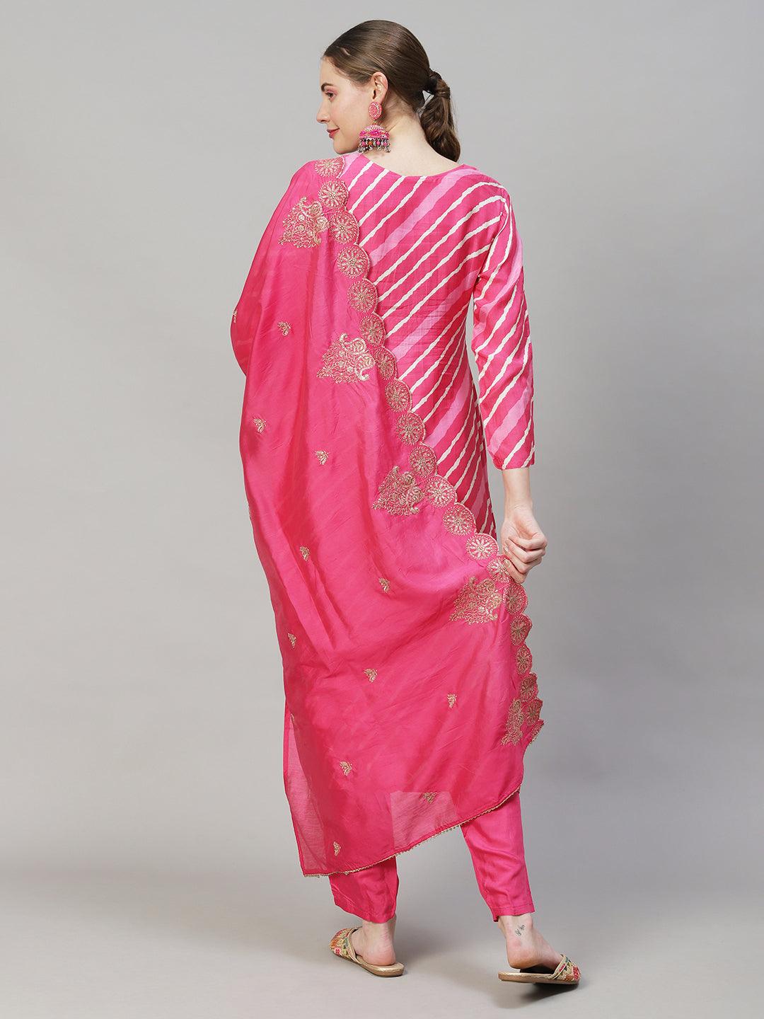 Leheriya Printed & Embroidered Straight Fit Kurta with Pants & Dupatta - Pink - Indiakreations