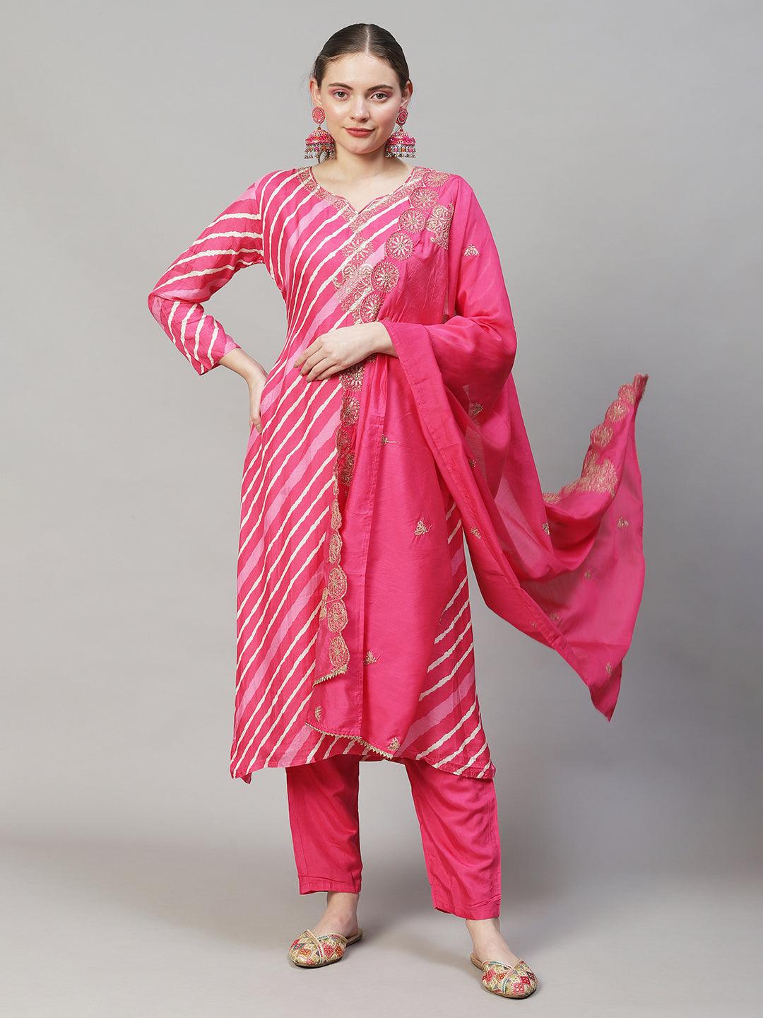 Leheriya Printed & Embroidered Straight Fit Kurta with Pants & Dupatta - Pink - Indiakreations