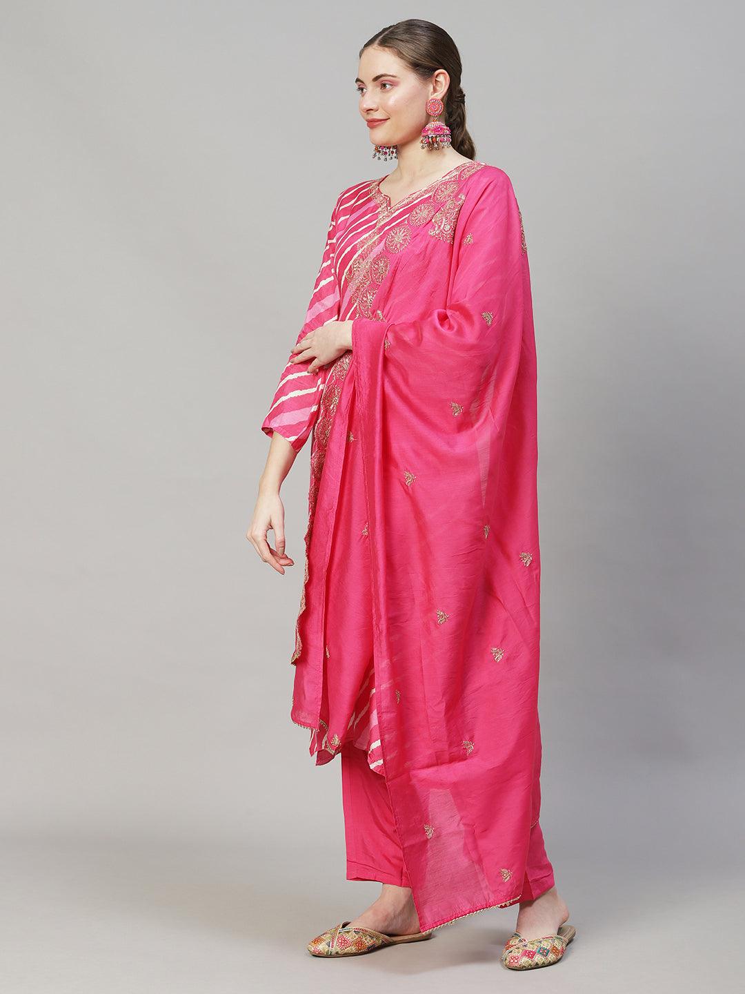 Leheriya Printed & Embroidered Straight Fit Kurta with Pants & Dupatta - Pink - Indiakreations