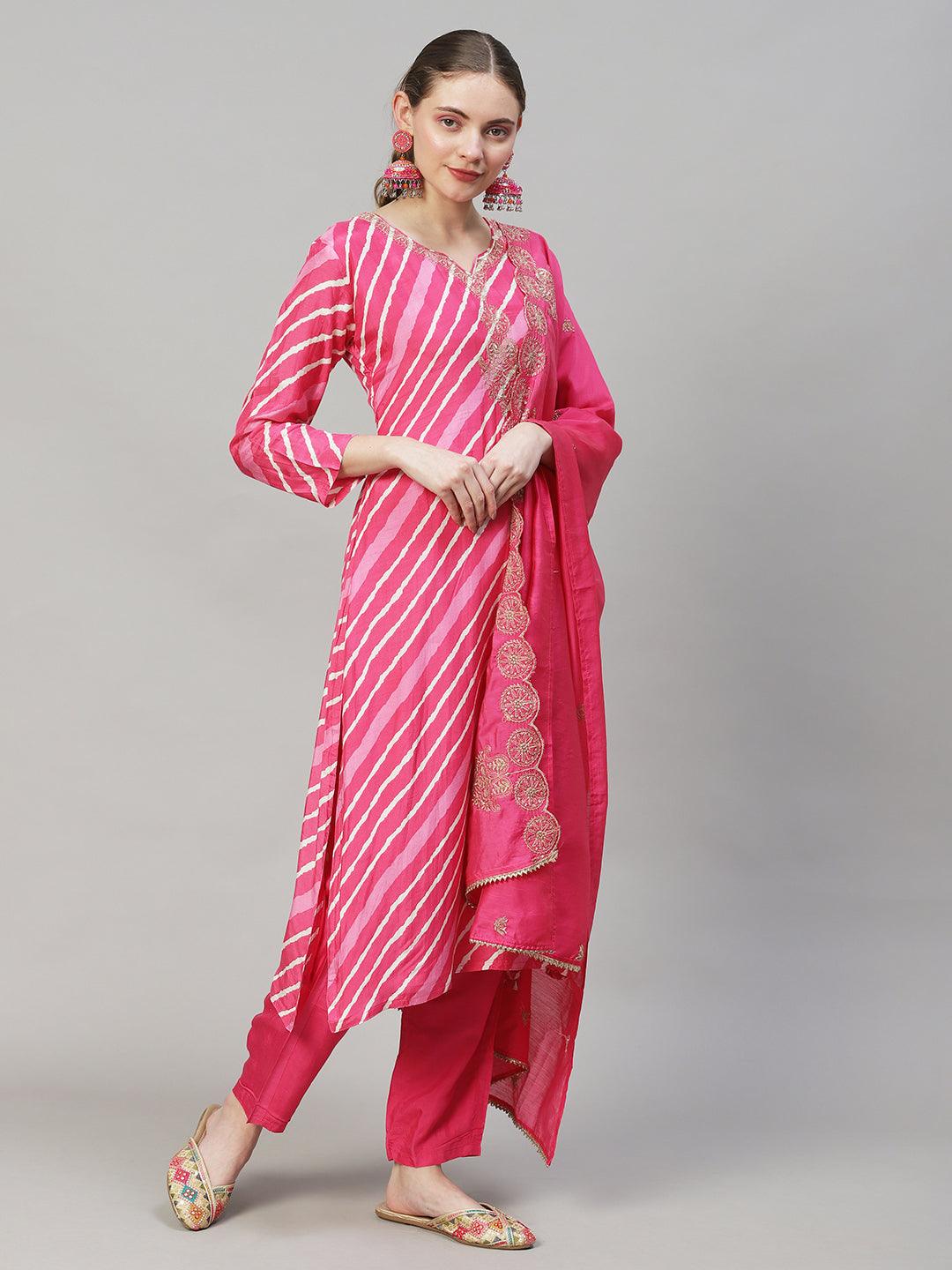 Leheriya Printed & Embroidered Straight Fit Kurta with Pants & Dupatta - Pink - Indiakreations