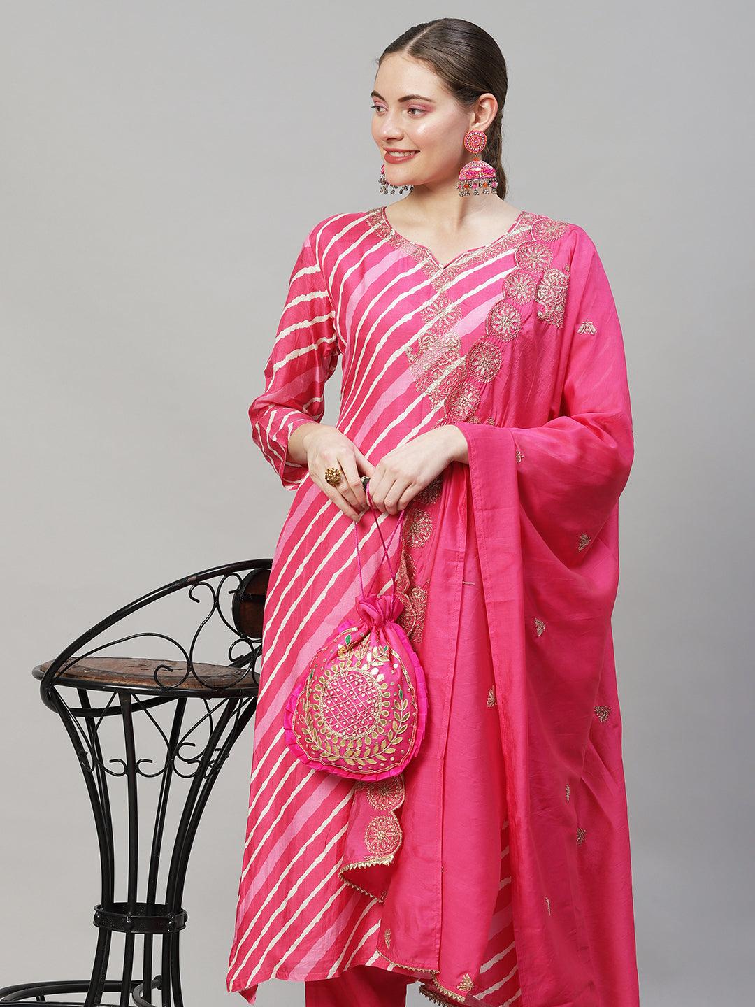 Leheriya Printed & Embroidered Straight Fit Kurta with Pants & Dupatta - Pink - Indiakreations