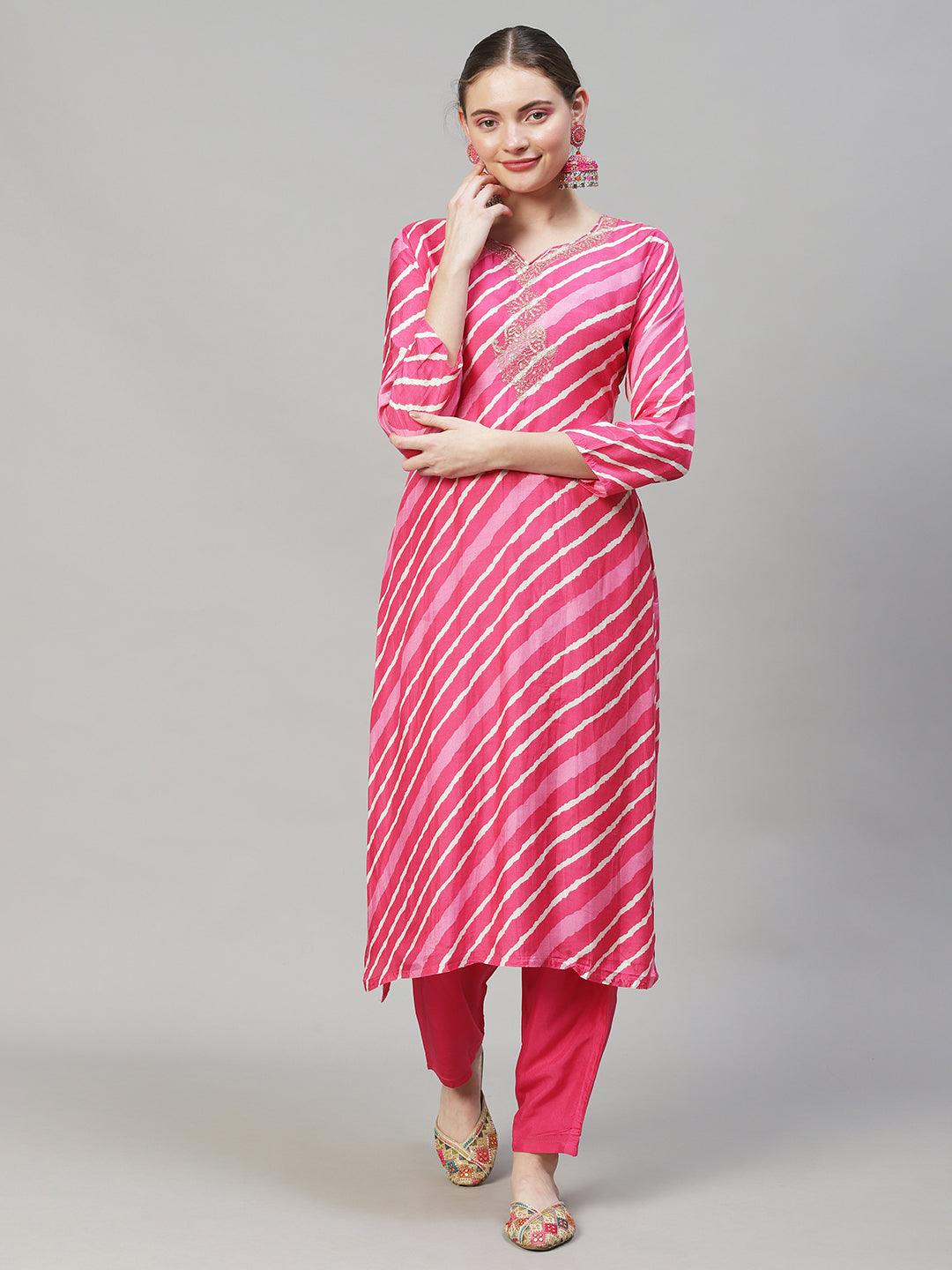 Leheriya Printed & Embroidered Straight Fit Kurta with Pants & Dupatta - Pink - Indiakreations