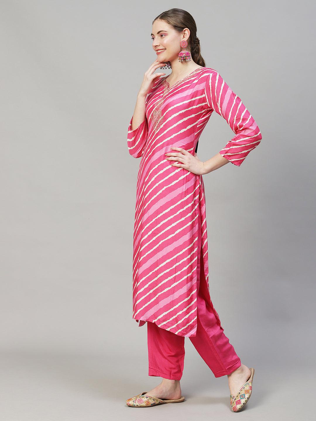 Leheriya Printed & Embroidered Straight Fit Kurta with Pants & Dupatta - Pink - Indiakreations