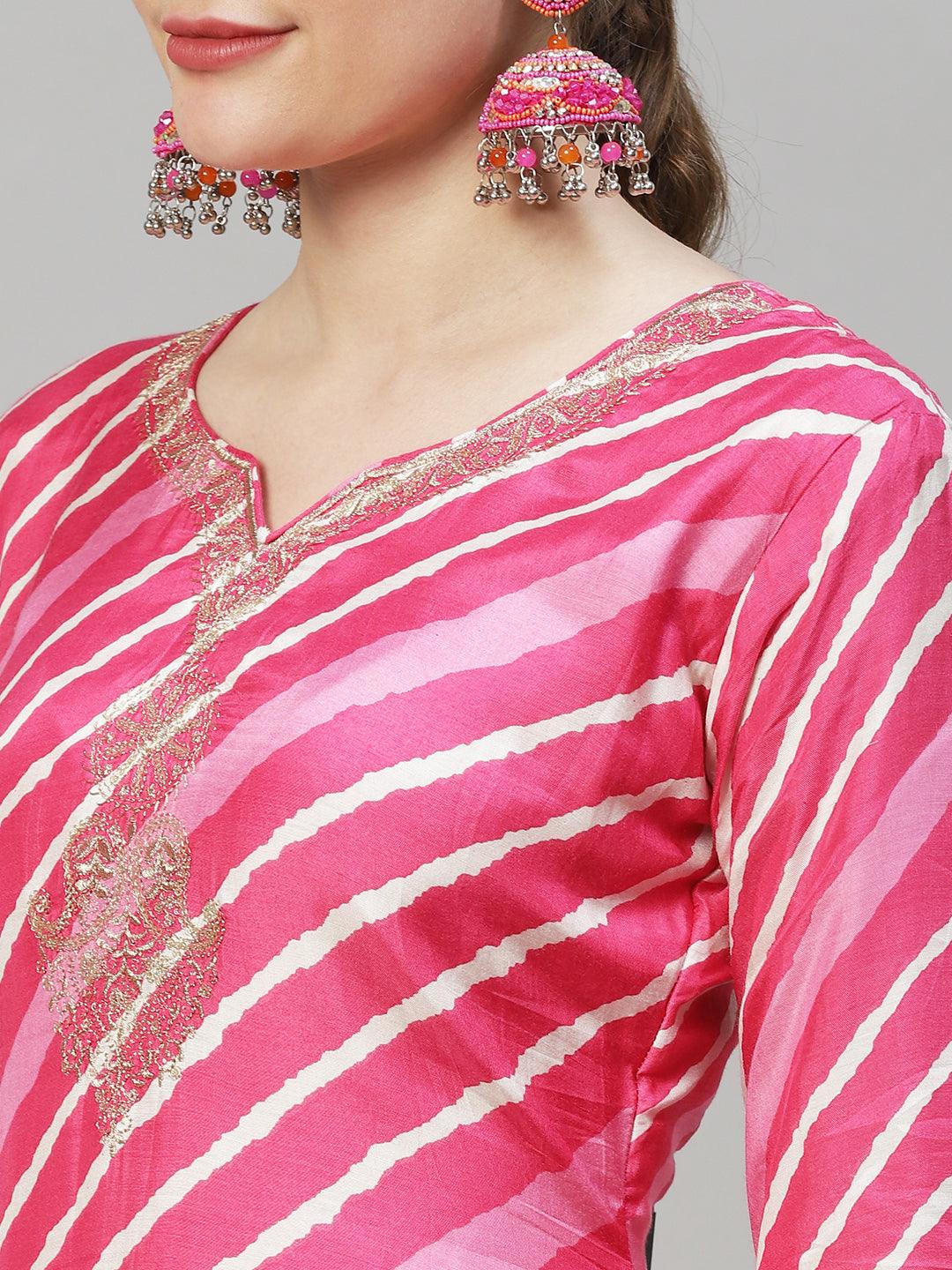 Leheriya Printed & Embroidered Straight Fit Kurta with Pants & Dupatta - Pink - Indiakreations