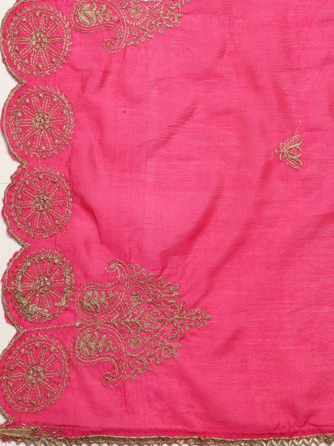 Leheriya Printed & Embroidered Straight Fit Kurta with Pants & Dupatta - Pink - Indiakreations