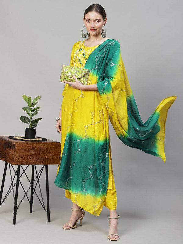 Floral Hand Embroidered Straight Kurta with Pants & Dupatta - Yellow - Indiakreations