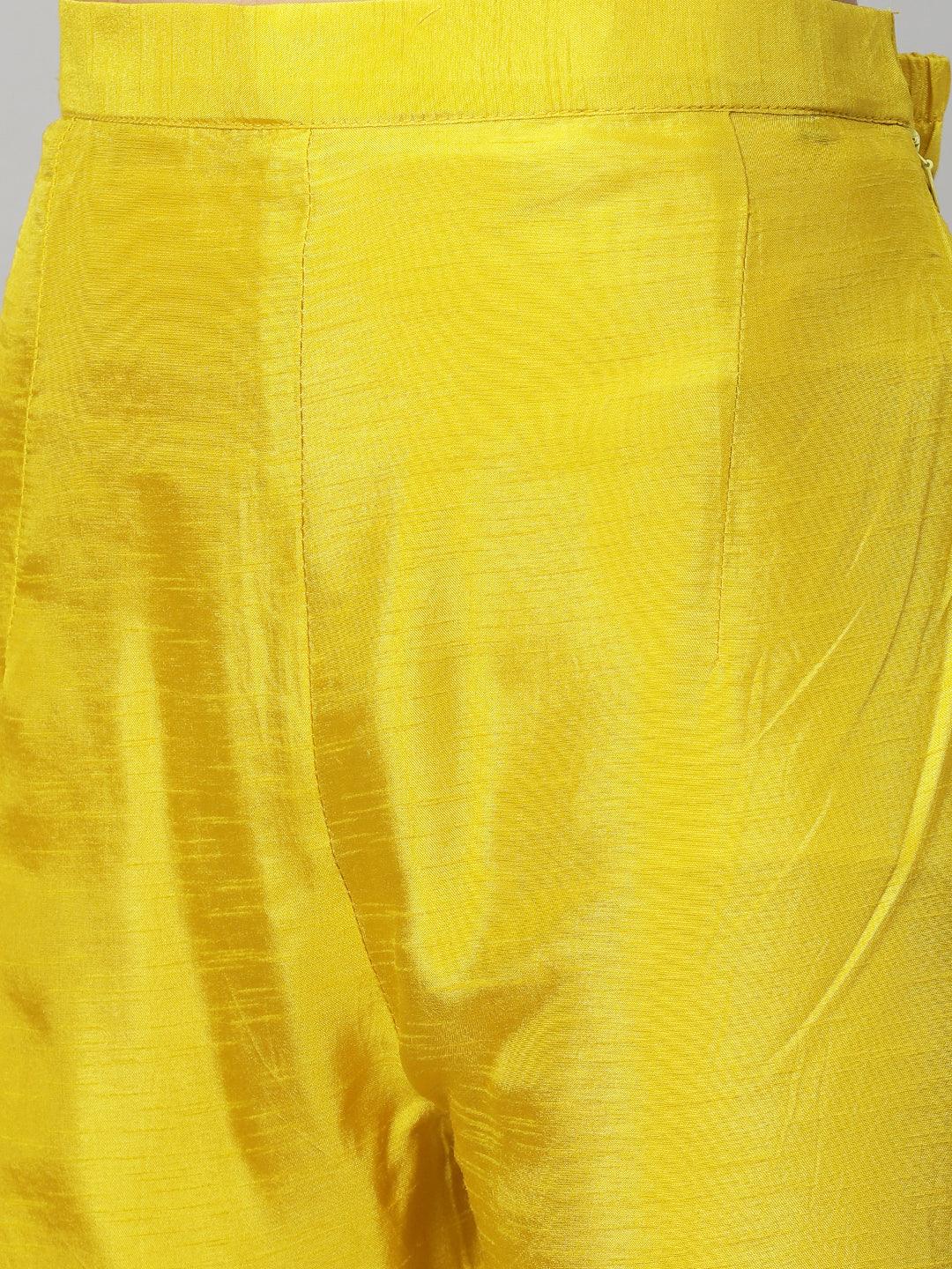 Floral Hand Embroidered Straight Kurta with Pants & Dupatta - Yellow - Indiakreations