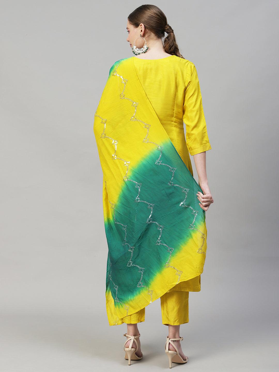 Floral Hand Embroidered Straight Kurta with Pants & Dupatta - Yellow - Indiakreations