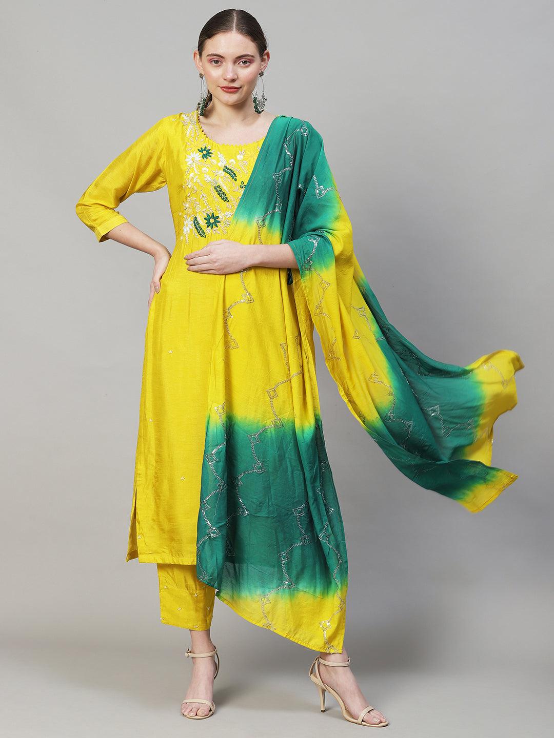 Floral Hand Embroidered Straight Kurta with Pants & Dupatta - Yellow - Indiakreations