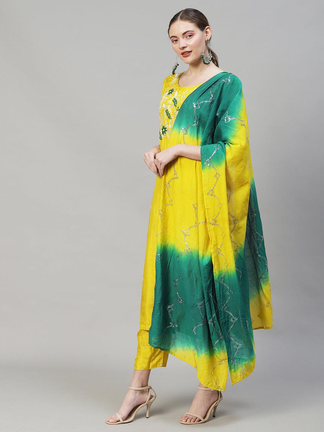 Floral Hand Embroidered Straight Kurta with Pants & Dupatta - Yellow - Indiakreations