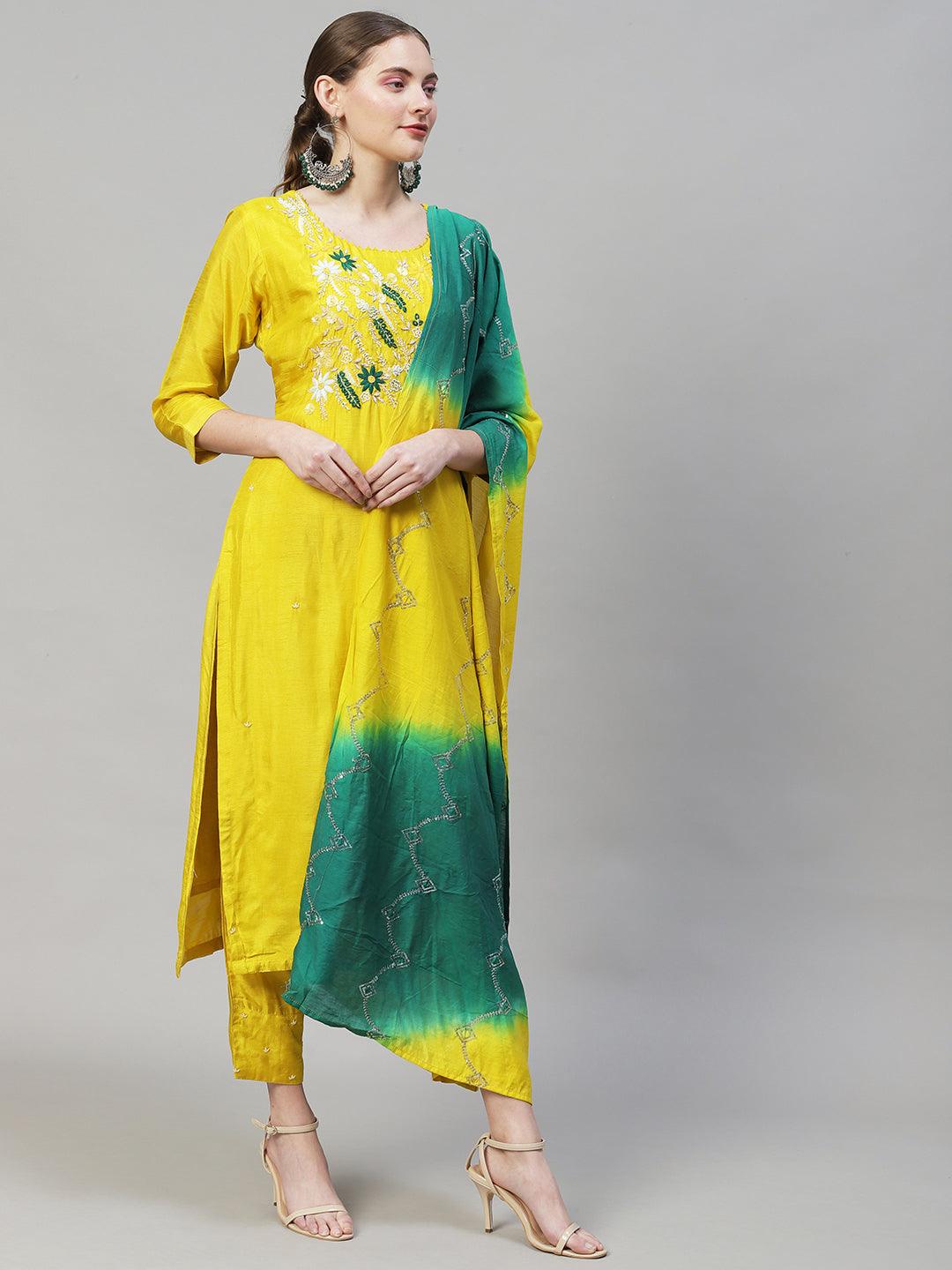 Floral Hand Embroidered Straight Kurta with Pants & Dupatta - Yellow - Indiakreations