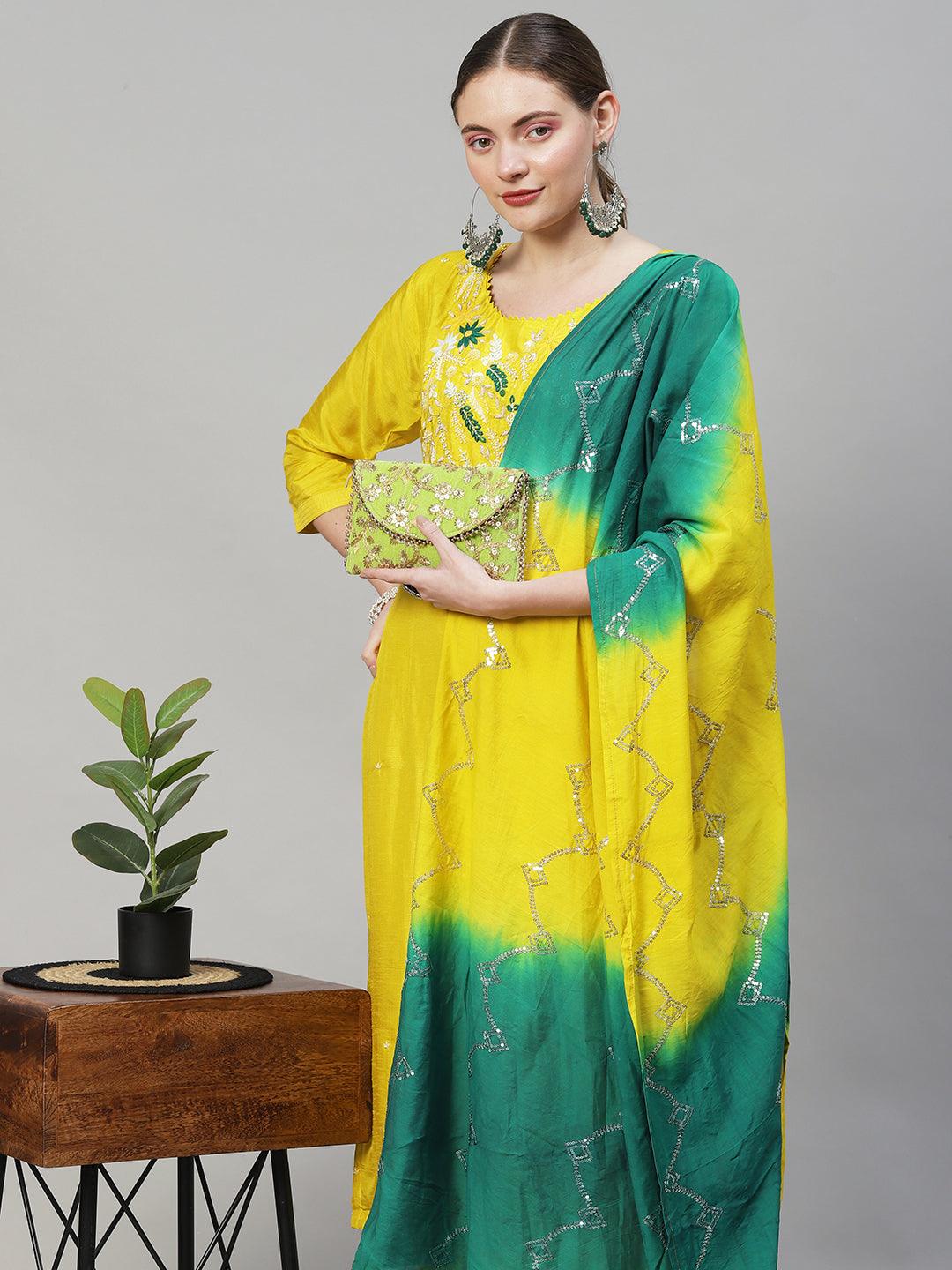 Floral Hand Embroidered Straight Kurta with Pants & Dupatta - Yellow - Indiakreations