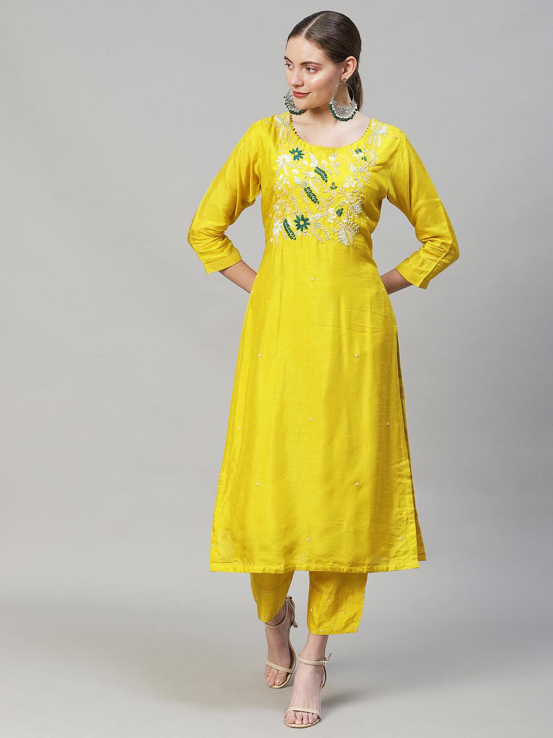 Floral Hand Embroidered Straight Kurta with Pants & Dupatta - Yellow - Indiakreations