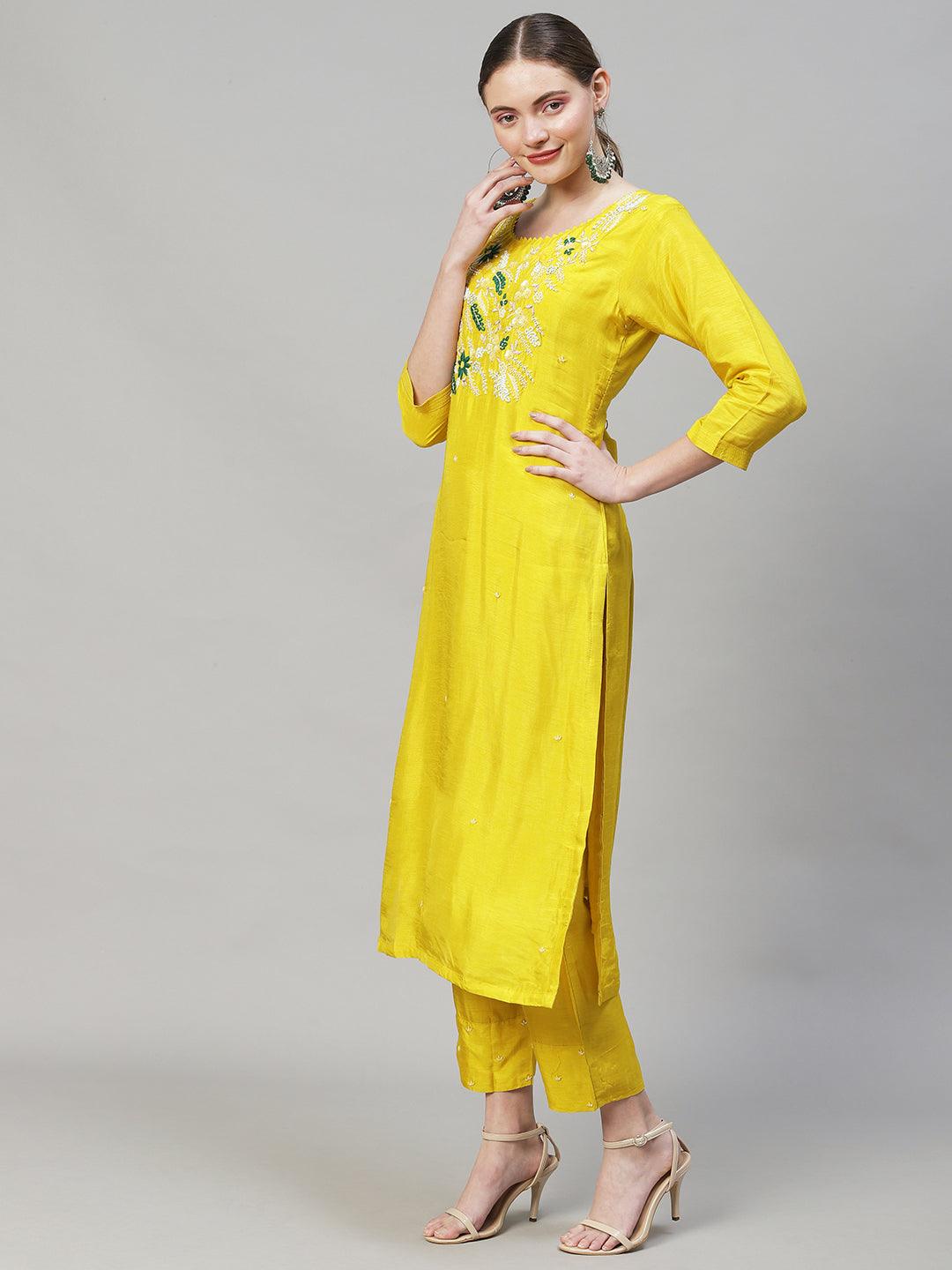 Floral Hand Embroidered Straight Kurta with Pants & Dupatta - Yellow - Indiakreations