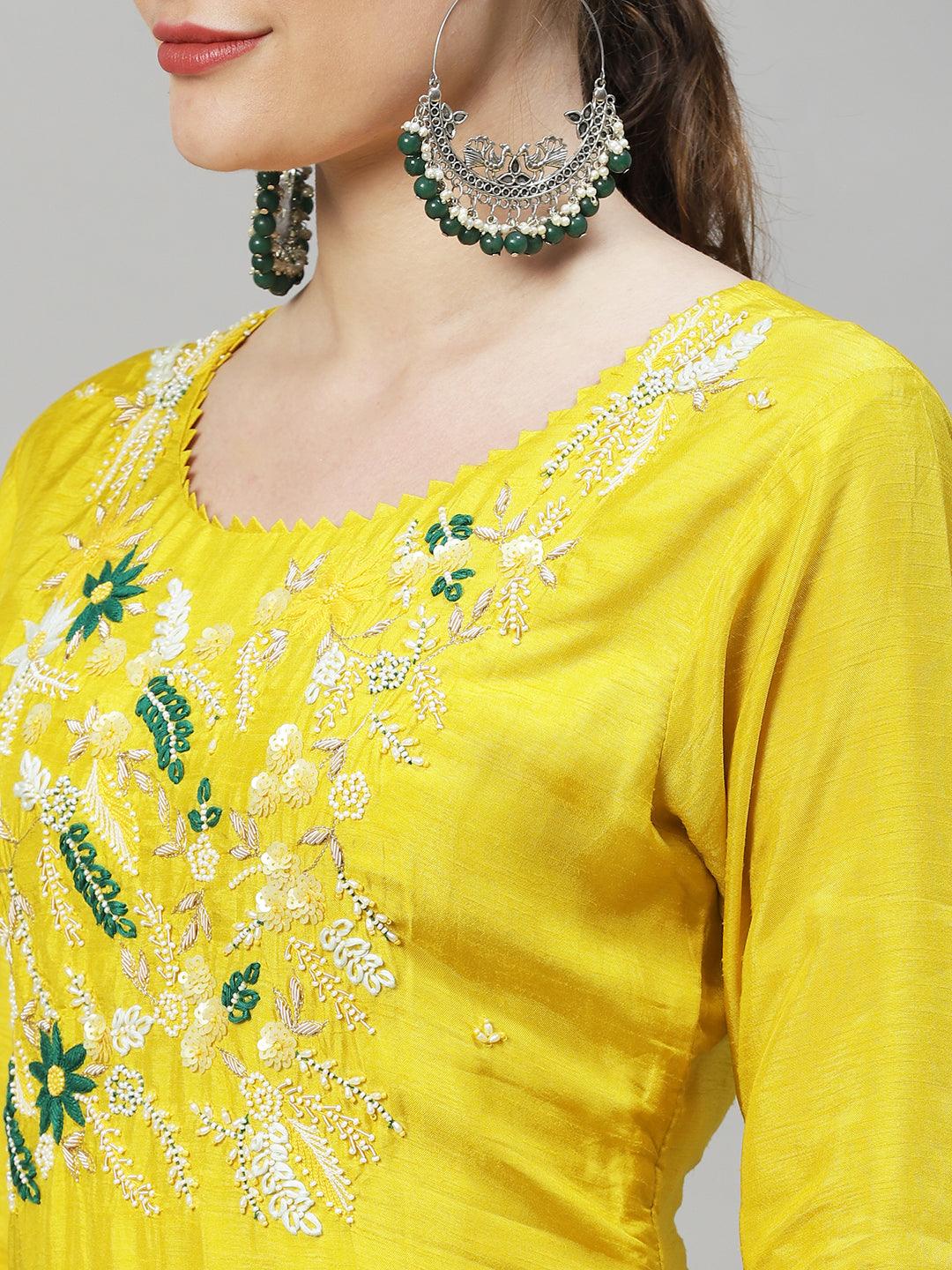 Floral Hand Embroidered Straight Kurta with Pants & Dupatta - Yellow - Indiakreations