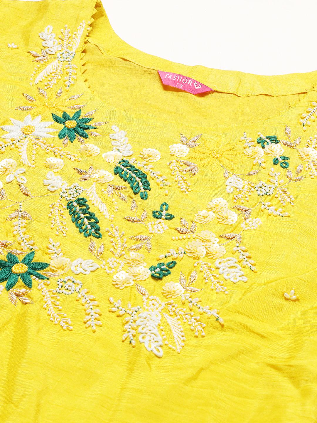 Floral Hand Embroidered Straight Kurta with Pants & Dupatta - Yellow - Indiakreations