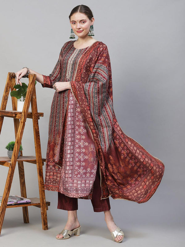 Ethnic Stripes Printed & Hand Embroidered Kurta with Pants & Dupatta - Multi - Indiakreations