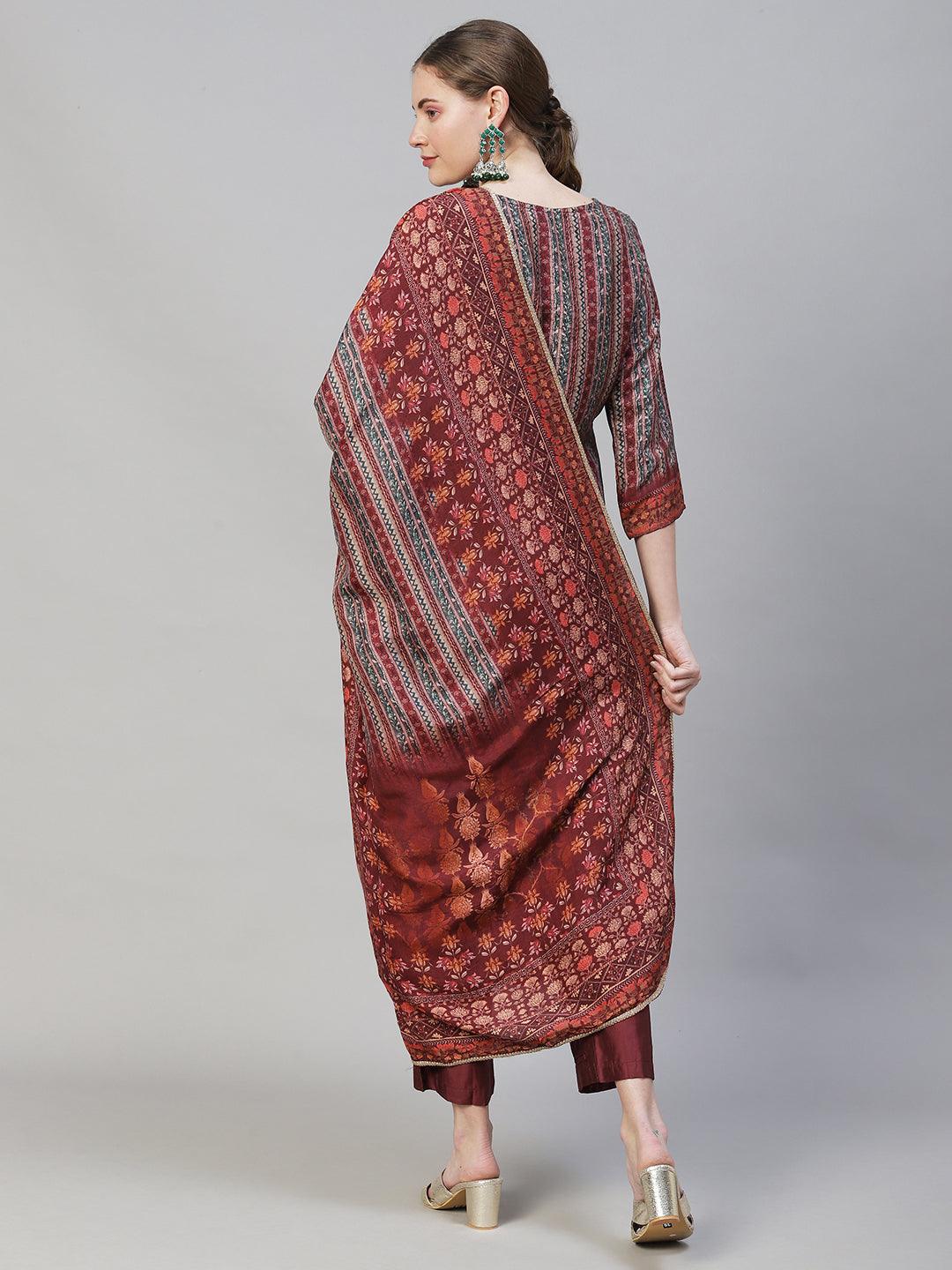 Ethnic Stripes Printed & Hand Embroidered Kurta with Pants & Dupatta - Multi - Indiakreations