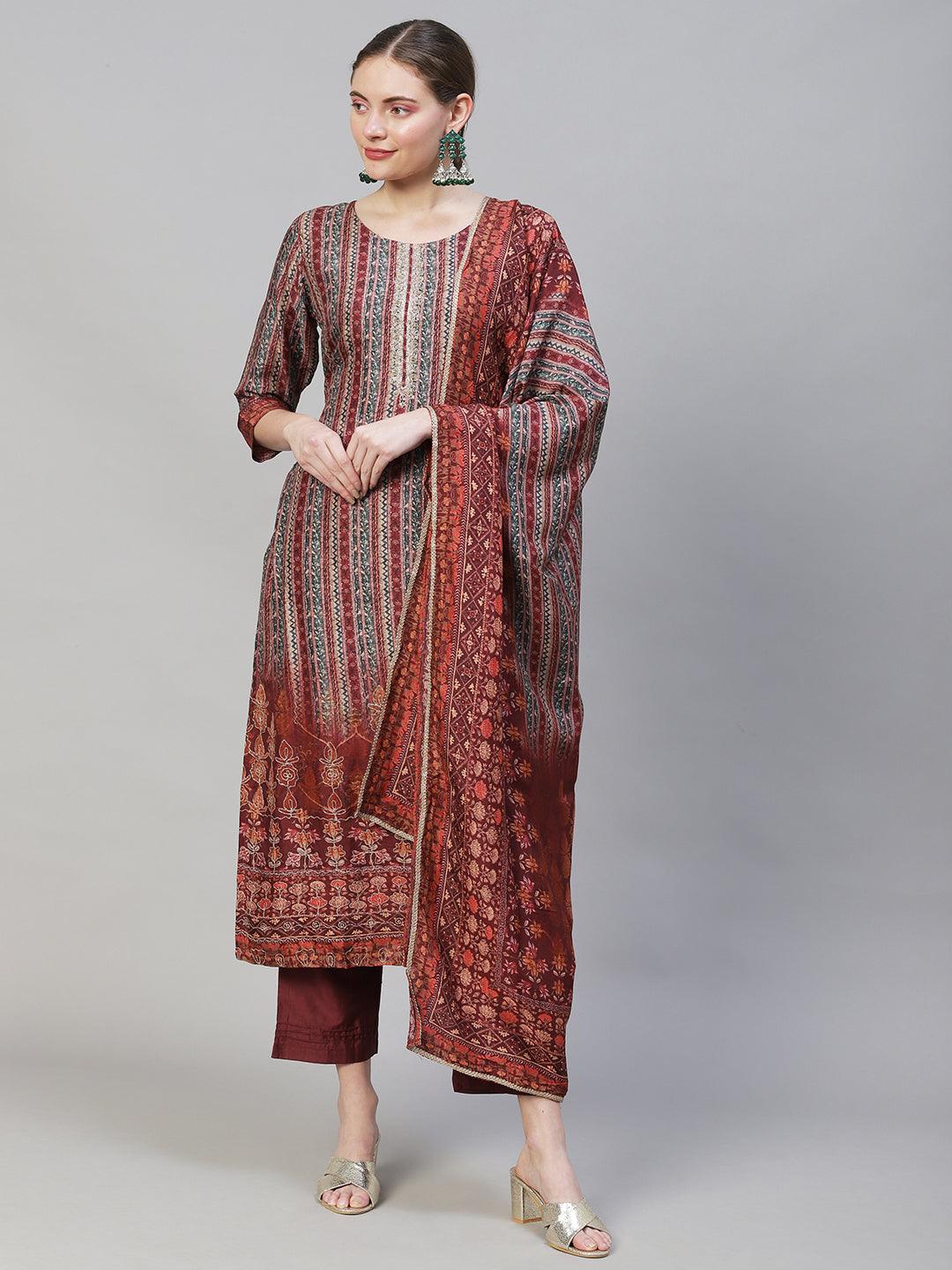 Ethnic Stripes Printed & Hand Embroidered Kurta with Pants & Dupatta - Multi - Indiakreations