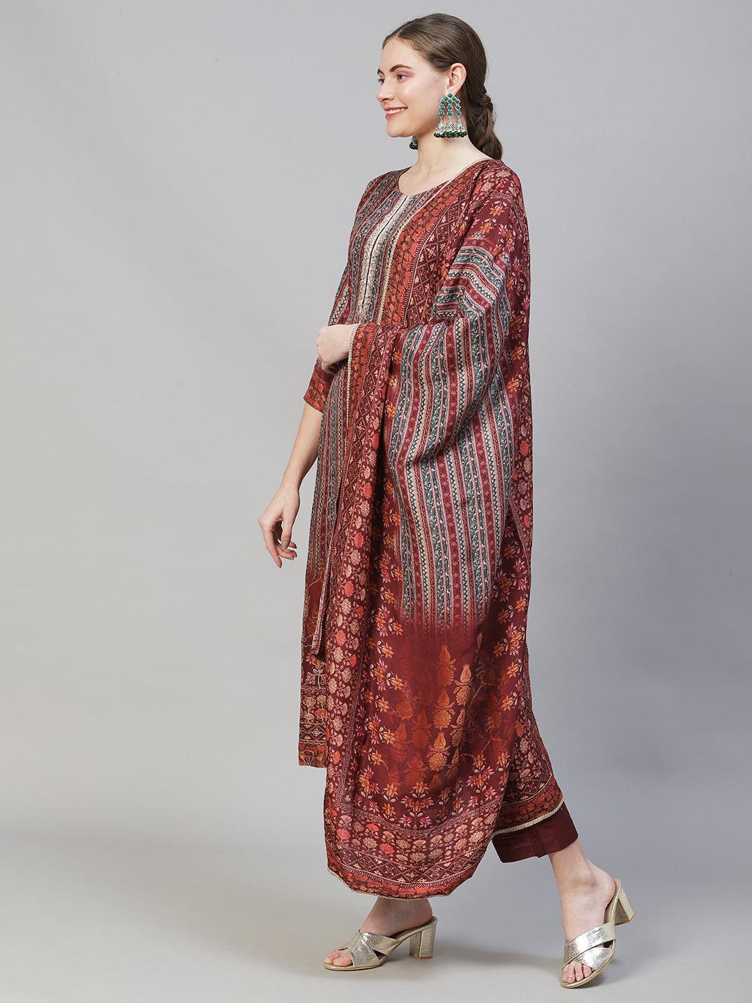 Ethnic Stripes Printed & Hand Embroidered Kurta with Pants & Dupatta - Multi - Indiakreations