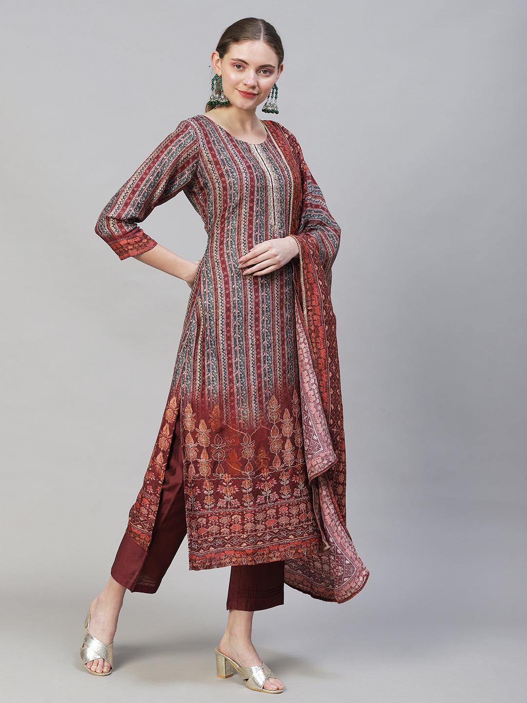 Ethnic Stripes Printed & Hand Embroidered Kurta with Pants & Dupatta - Multi - Indiakreations